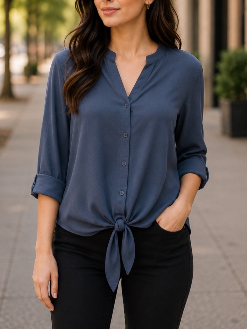 Apt. 9 Blue Chiffon Tie Front Button Down Blouse, Roll Tab Sleeve Size Medium